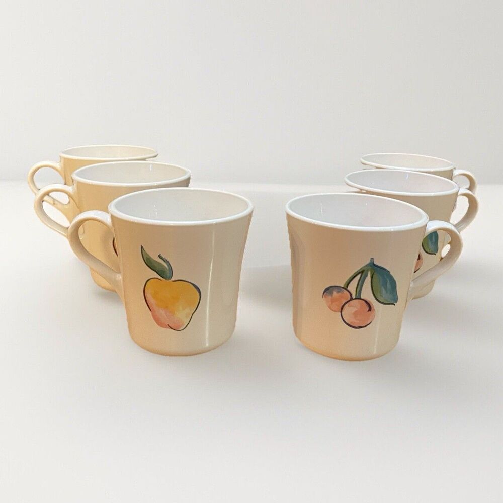 Corelle Fruit Basket Mugs Set 6 Apples Cherries White Coffee Cups Vintage Tea
